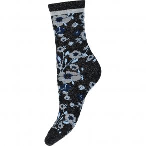 DECOY - Glimmerstrømper Blomster - Sort/blå